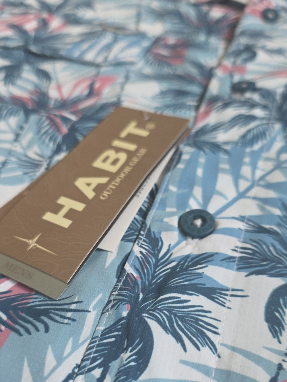 HABIT• Blue Tropical Palm Print Short Sleeve, Button Up Shirt - Picture 6 of 9